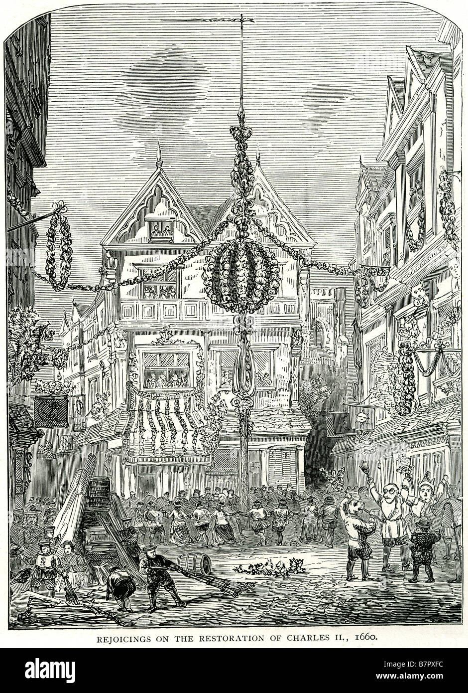 Jubel Restaurierung Charles II 1660 Feier Stadt Stadt quadratischen Hof Hof Straße Dekorationen Partygänger tanzen am 4. April Stockfoto