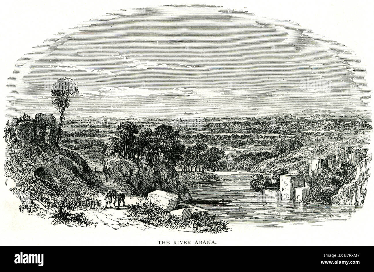 Fluss Abana Ruinen Land Uferseite Abana (Amanah, klassische Chrysorrhoas) ist umso wichtiger, der zwei Flüsse des Damascu Stockfoto