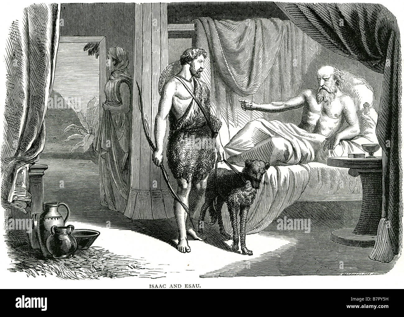 Isaac und Esau Bett Hund drei Menschen heiligen religiösen Stockfoto