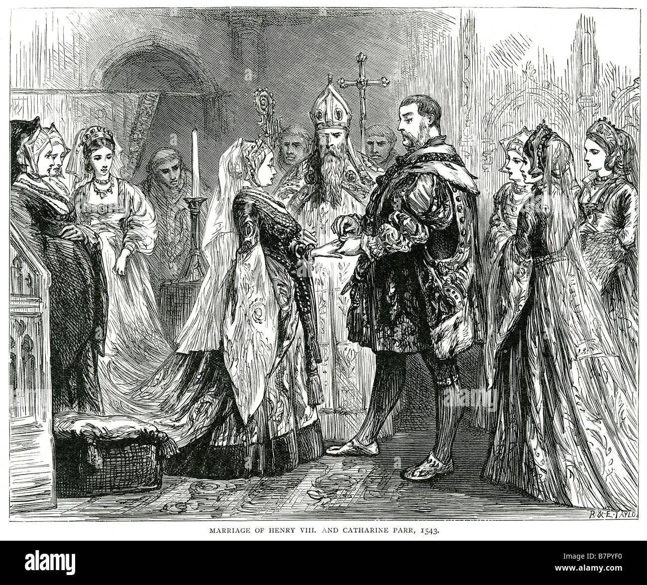 Ehe Henry achte 8. VIII Catharine Parr 1543 kirchliche Trauung Zeremonie religiöse Erzbischof Christion Englisch British UK Stockfoto