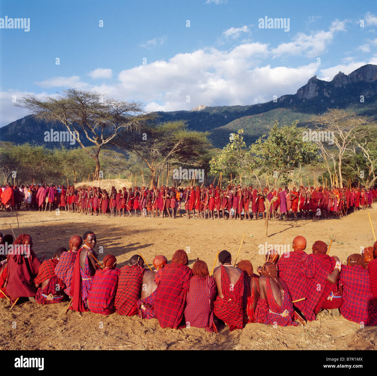 Kenia, Kajiado District, Ol Doinyo Orok. Eine große Ansammlung von Maasai Krieger warten, um im Rahmen einer Eunoto Zeremonie gesegnet werden Stockfoto