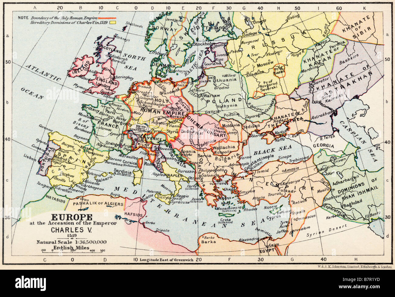 Karte von Europa bei der Aufnahme von Kaiser Karl V., 1519 Stockfoto