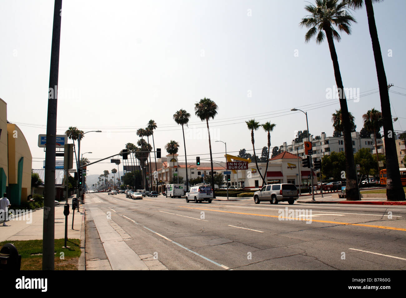 Der Sunset Boulevard Hollywood, Kalifornien mit Palmen, Mittag, Sommer. Stockfoto