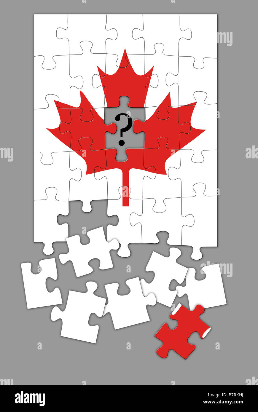 Kanada Puzzle mit Stück fehlen und Fragezeichen in Red maple leaf Stockfoto