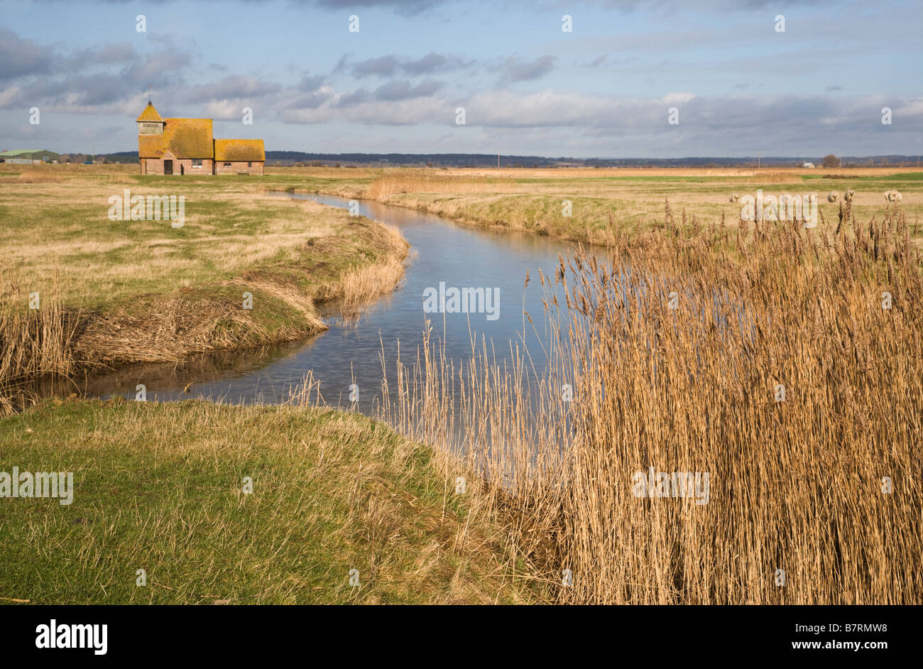 Romney Marsh Landschaft Blick auf Wasser, Schilf und Binsen und St. Thomas Becket Kirche in der Ferne. Stockfoto