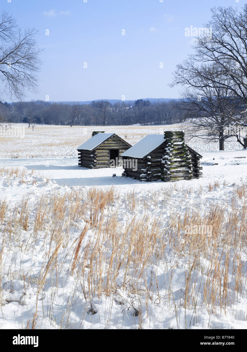 Hütten im Winter Valley Forge National Park, Nationalpark Valley Forge, Pennsylvania USA Stockfoto