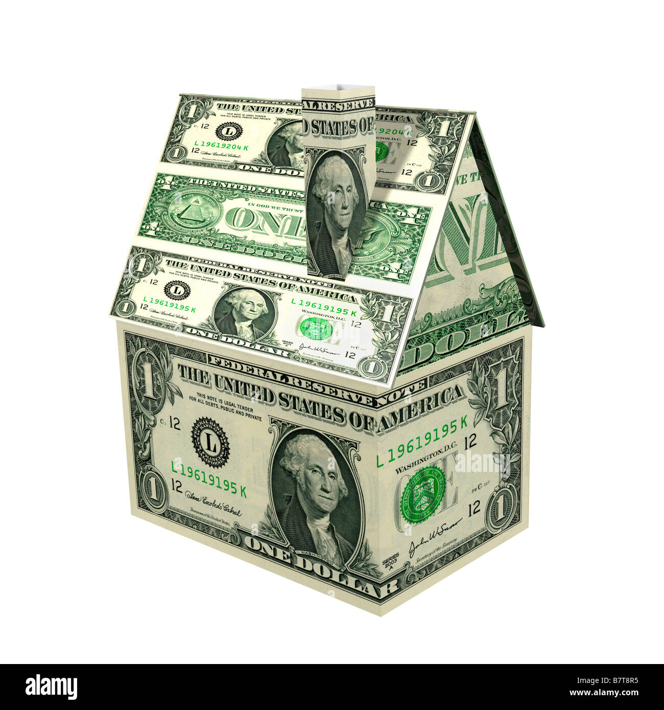 Kleines Haus aus einem Dollar gemacht uns Rechnungen Finanzkonzept Stockfoto