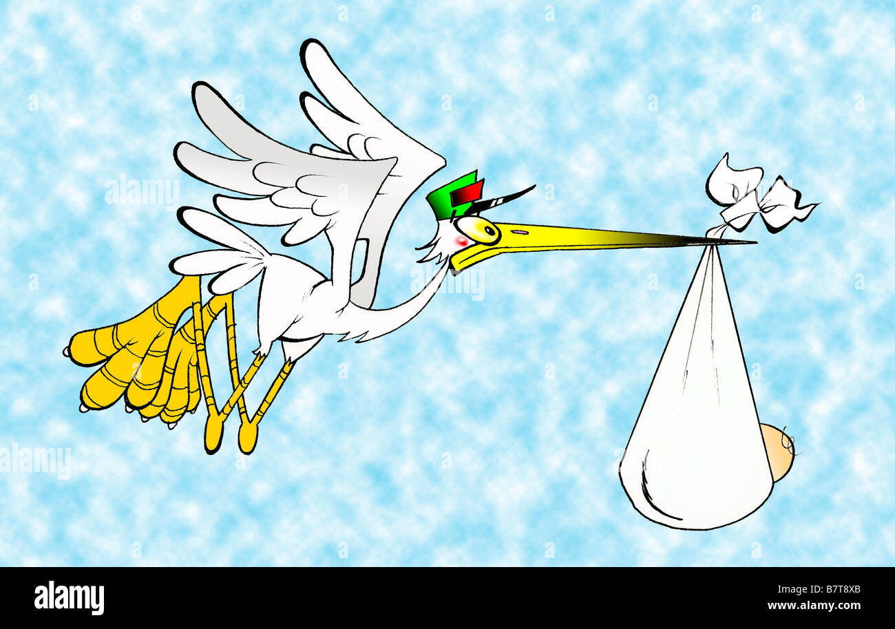 Cartoon-Zeichnung von Stork, die Bereitstellung von Neugeborenen an die Eltern Stockfoto
