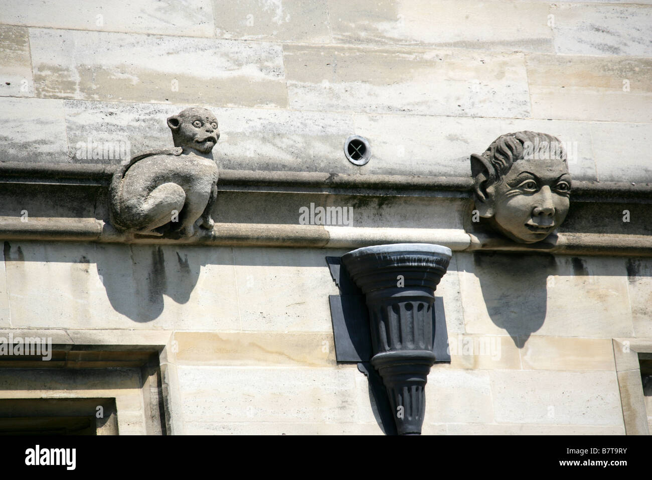Katze und Elf Kopf Schnitzereien am Magdalen College, Oxford University, Oxford, Oxfordshire, Vereinigtes Königreich Stockfoto