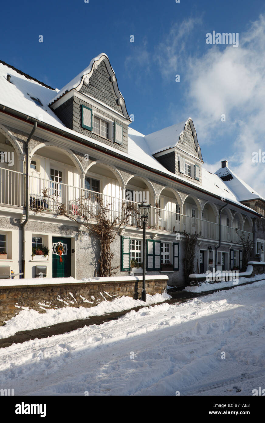 Essen, Siedlung Margaretenhöhe Im Schnee, Kleiner Markt, Wohnhäuser Stockfoto Essen, Siedlung Margaretenhöhe Im Schnee, Kleiner Markt, Wohnhäuser Stockfoto