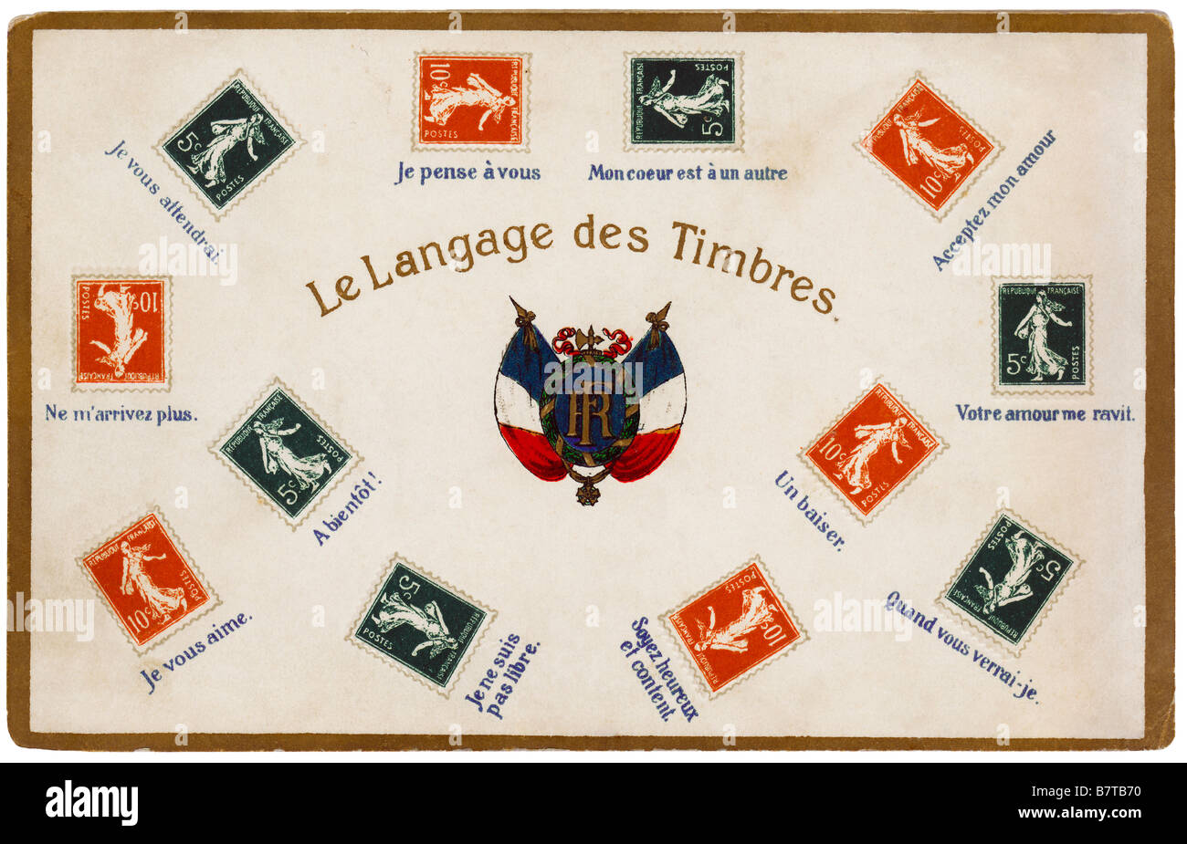 Ca. 1912 Französisch "La Langage des Timbres" Ansichtskarte mit 5 und 10 Rappen Semeuse (Sämann) Briefmarken - Frankreich. Stockfoto