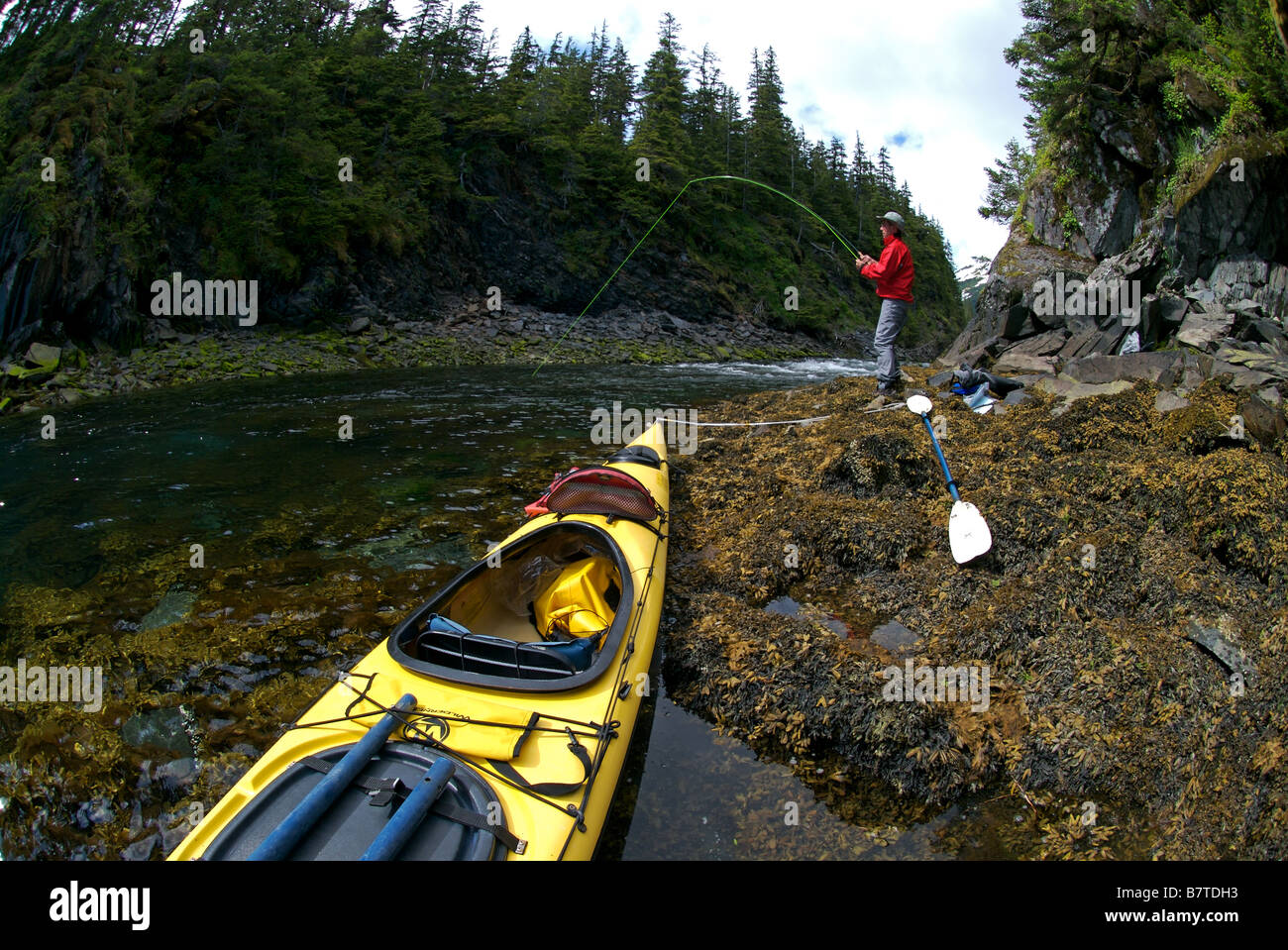 ein Fliegenfischer machen Sie eine Pause vom See-Kajak-Fischen auf Lachs in den Prince William Sound, alaska Stockfoto