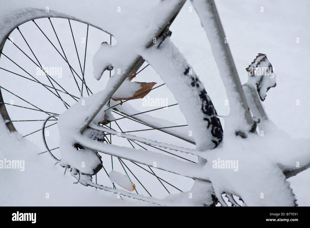 Fahrrad Februar mit Schnee bedeckt Stockfoto