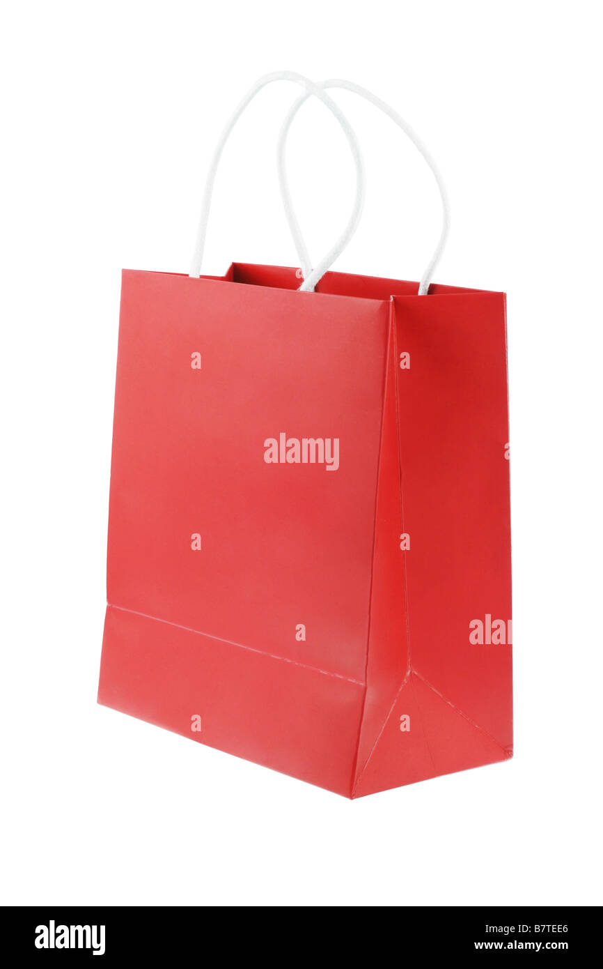 Rote Einkaufstasche auf weißem Hintergrund mit Textfreiraum Stockfoto