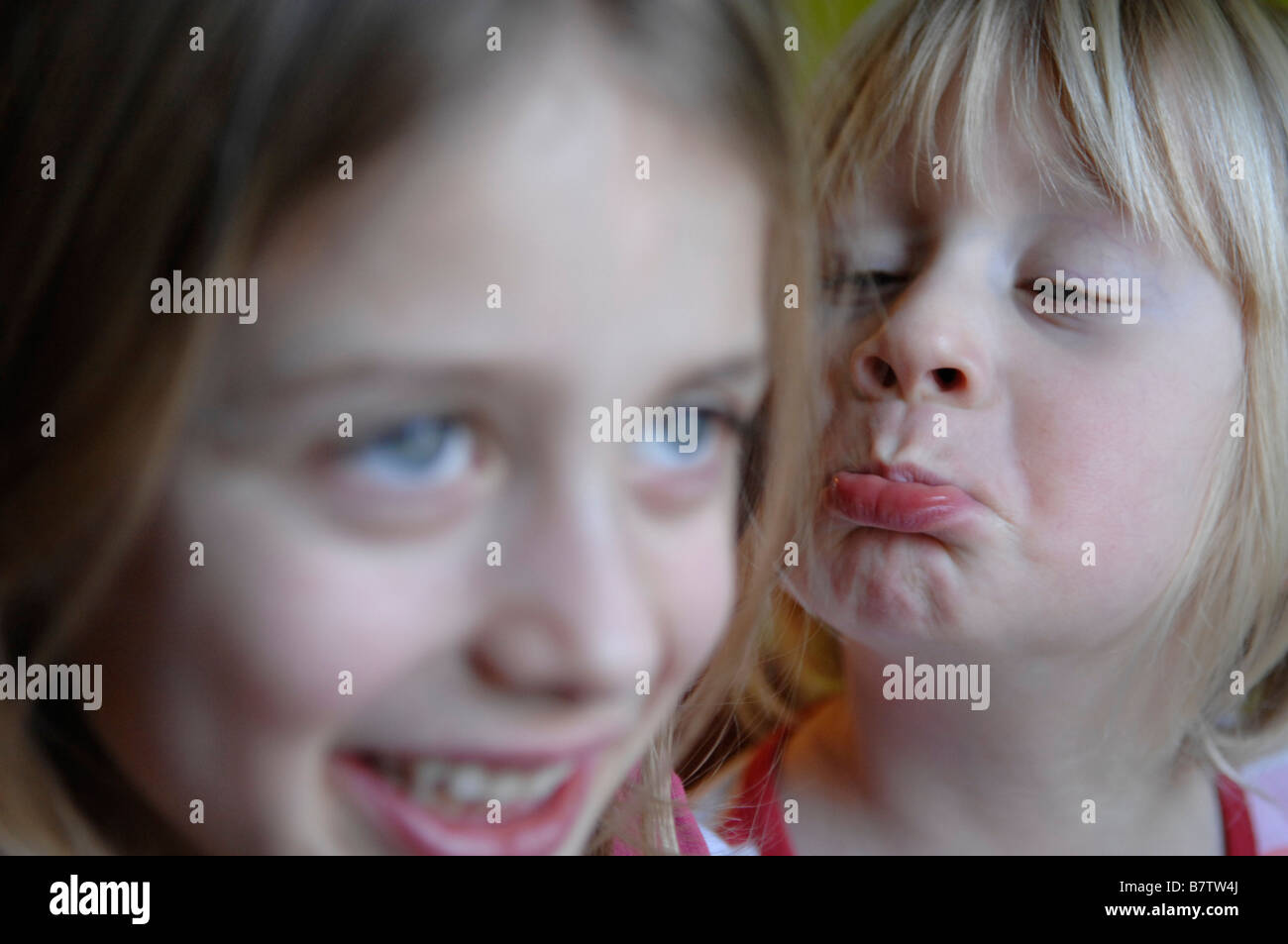 Zwei Schwestern von drei und sechs Jahren streiten miteinander. Stockfoto