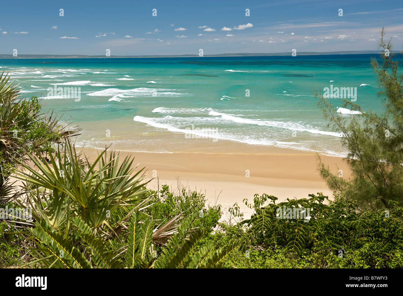 Blick entlang der Küste in Barra Beach in der Nähe von Inhambane im südlichen Mosambik. Stockfoto