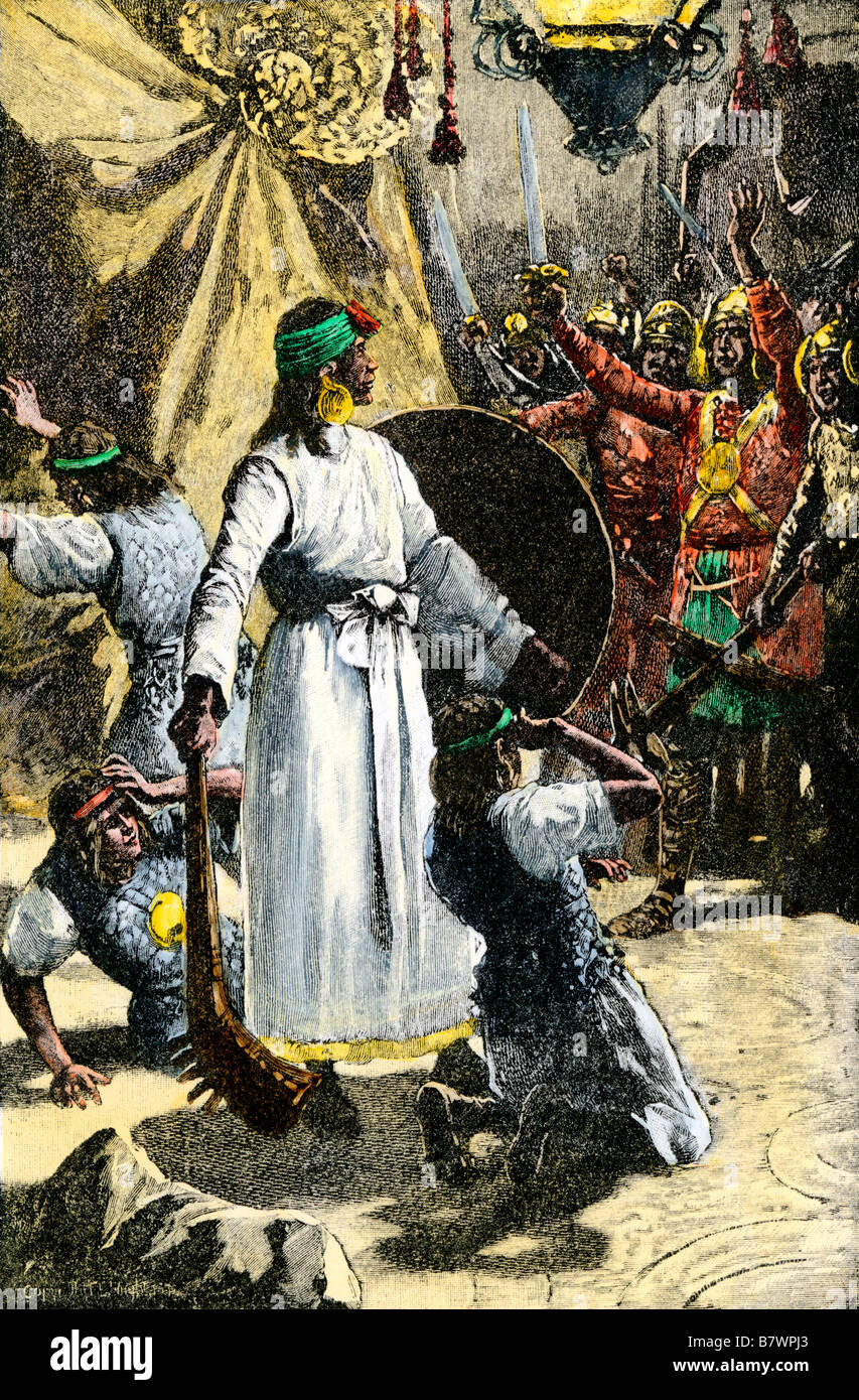 Ermordung von Inca Herrscher Huascarán im Auftrag von Inka Atahualpa. Hand - farbige Holzschnitt Stockfoto