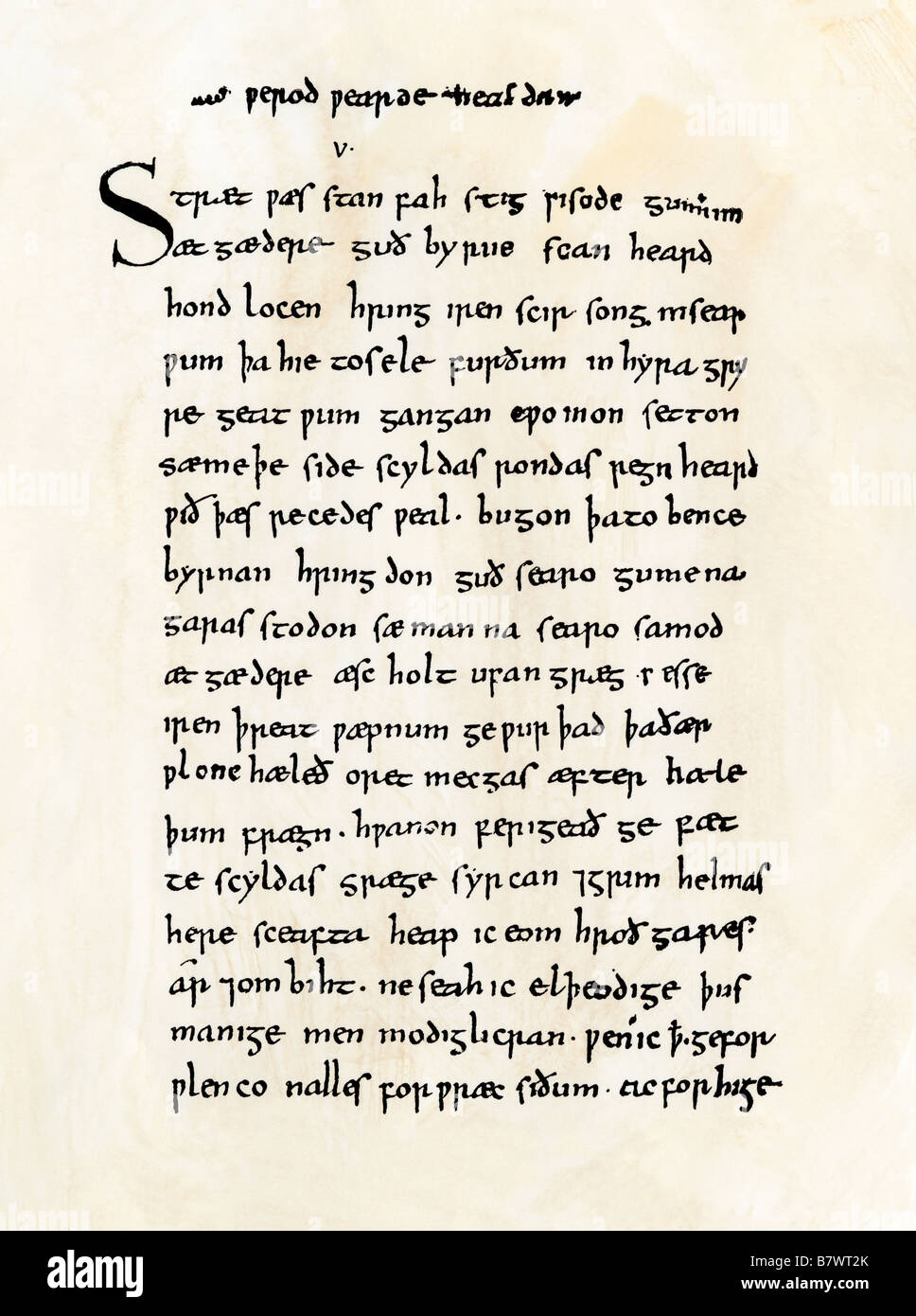 Seite aus dem alten englischen Manuskript von Beowulf im British Museum. Holzschnitt mit einem Aquarell waschen Stockfoto