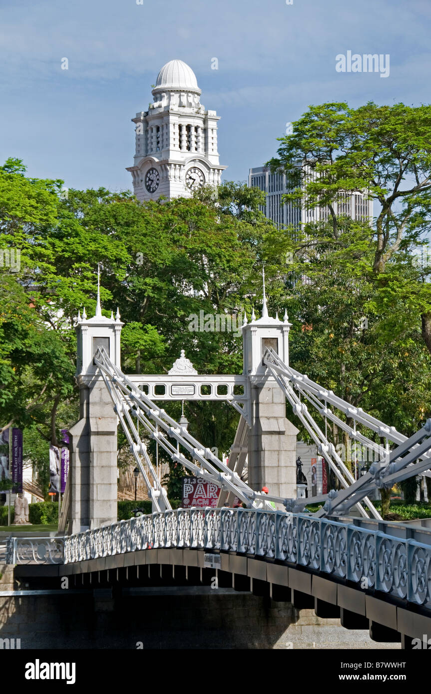 Anderson Bridge Singapur Fluss kolonialen Stadtteil Raffles Landing Site Uhrturm Stockfoto