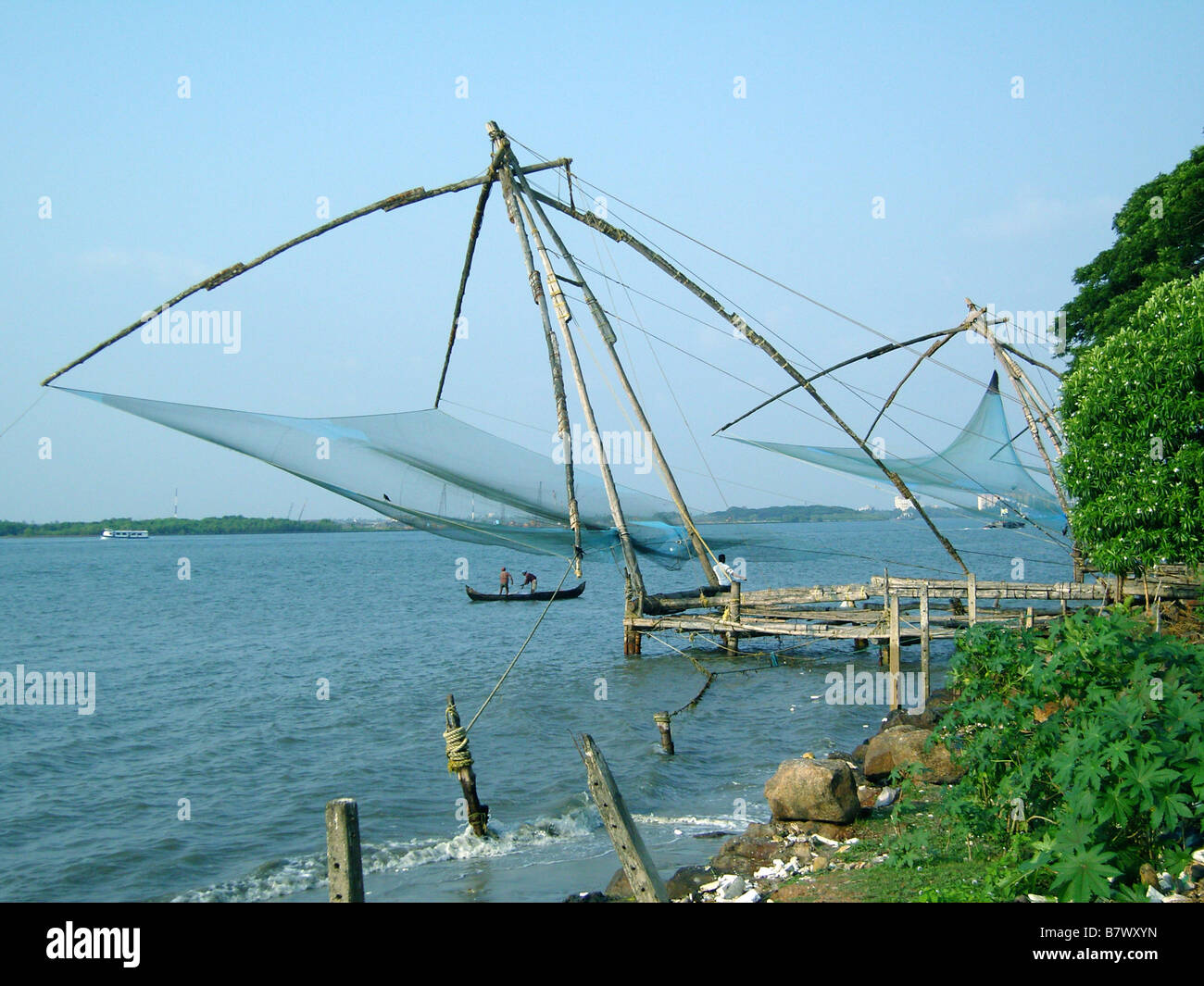 Chinesische Fischernetze in Fort Cochin, Kerala, Indien Stockfoto