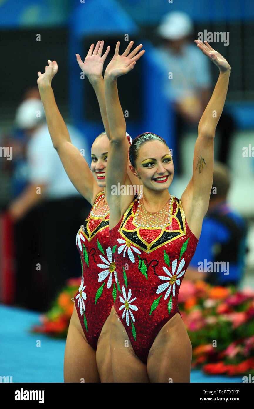 Anastasia Davydova Anastasia Ermakova RUS synchronisiert 18. August 2008 schwimmen während Peking 2008 Sommer Olympiade Duett Technical Routine Vorrunde im National Aquatics Center Wasser Cube Beijing China Foto von Jun Tsukida AFLO SPORT 0003 Stockfoto