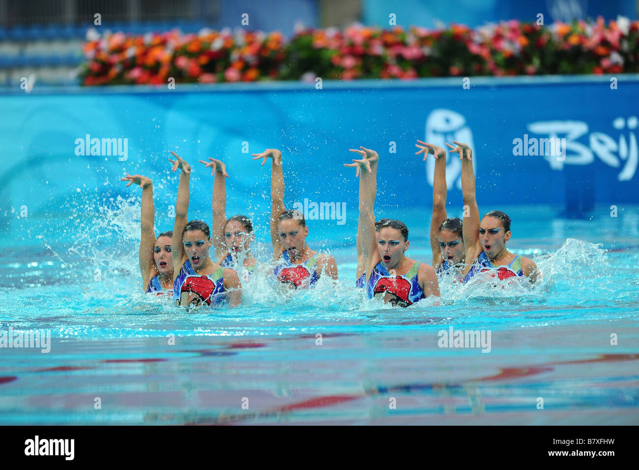 Spanien-Team Gruppe ESP 22. August 2008 Synchronschwimmen Beijing 2008 Olympische Spiele Team Event technische Routine im National Aquatics Center in Peking China Photo von Jun Tsukida AFLO SPORT 0003 Stockfoto