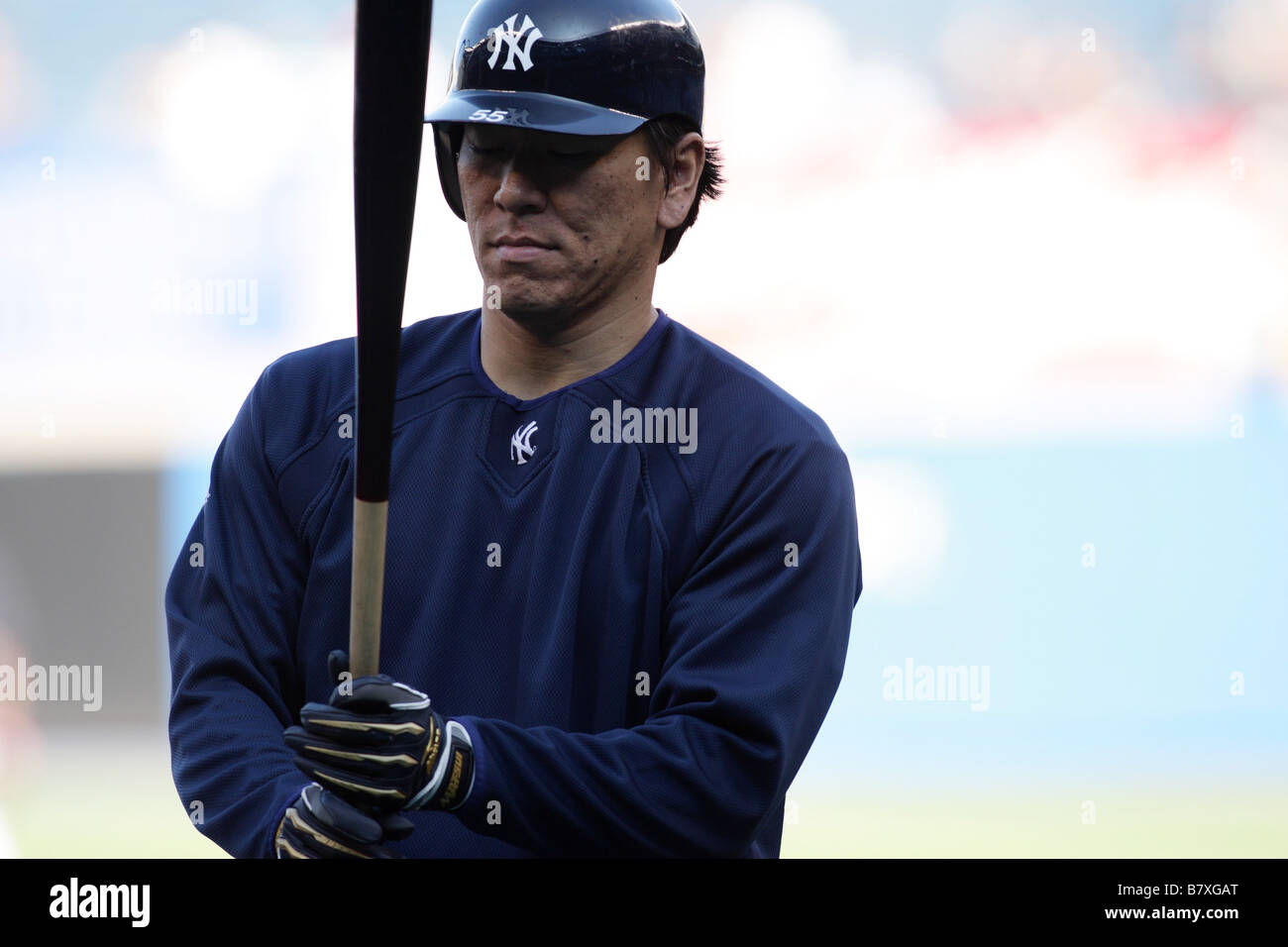 Hideki Matsui Yankees 26. August 2008 MLB Hideki Matsui 55 von den New York Yankees während Wimper Praxis vor dem Spiel gegen die Boston Red Sox im Yankee Stadium in der Bronx NY USA Foto von Thomas Anderson AFLO 0903 japanische Zeitung heraus Stockfoto