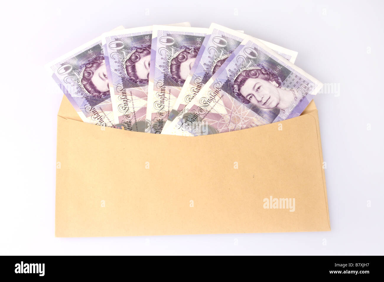 Englische zwanzig Pfund-Noten in einem Umschlag. Stockfoto