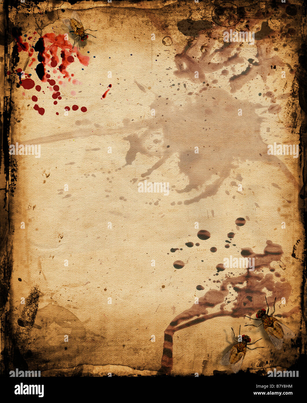 Grunge Hintergrund mit Blutflecken und Insekten Stockfoto
