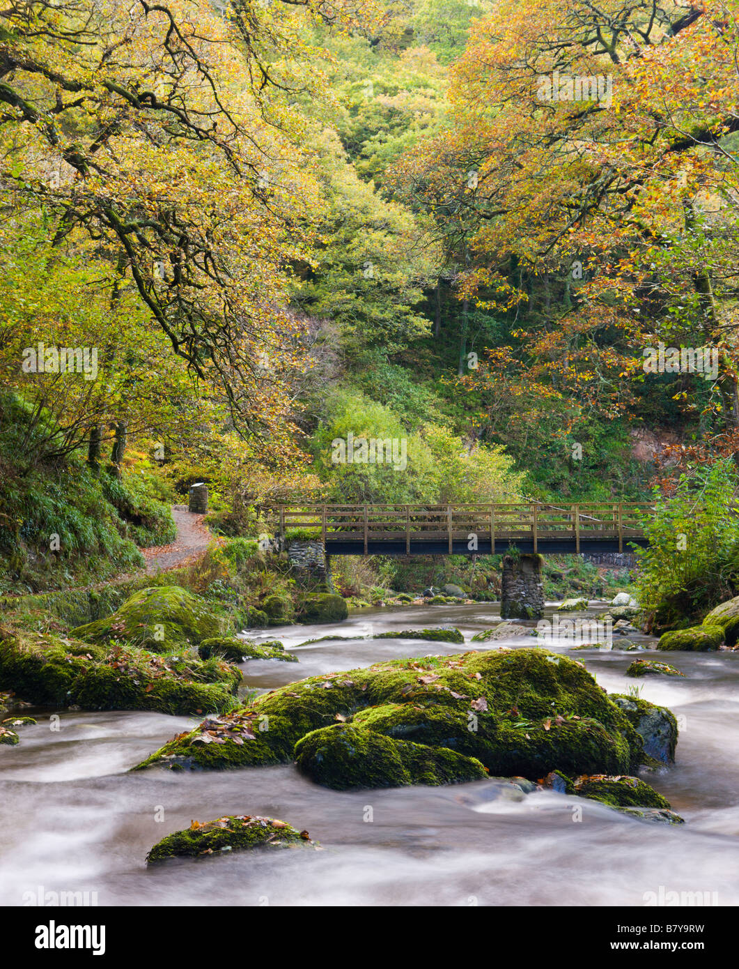 East Lyn River stürzt zwischen moosigen Felsblöcken im Watersmeet im Herbst Exmoor National Park Devon England Stockfoto