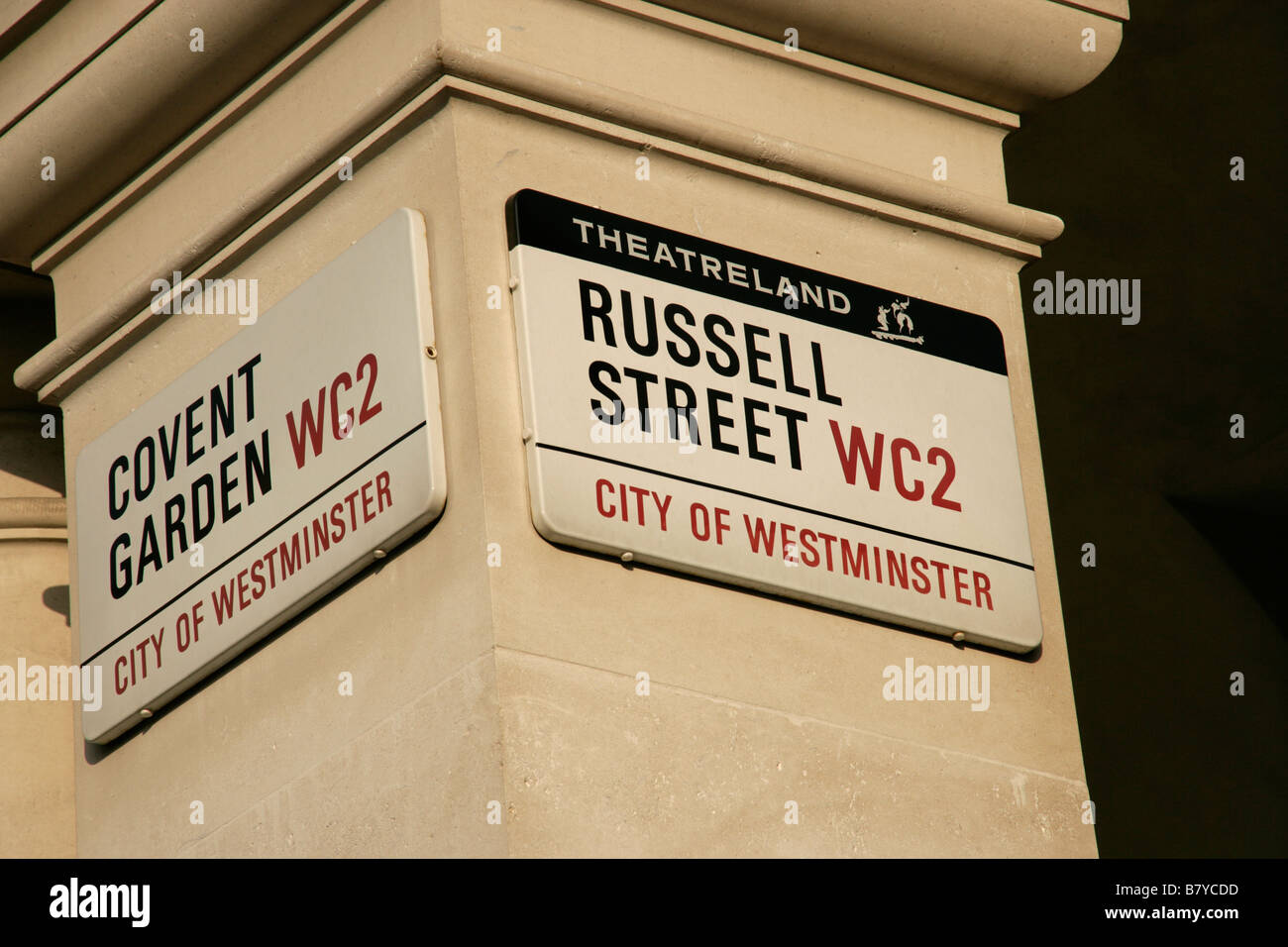Covent Garden und Russell Street, WC2, London: Straßenschild Stockfoto