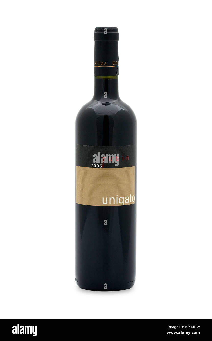 Bulgarien Rubin 2005 Uniqato Damianitza trockener Rotwein tiefrote Farbe Lila Nuancen Eiche gealterte Vanille Wald Frucht violett Kaffee Stockfoto