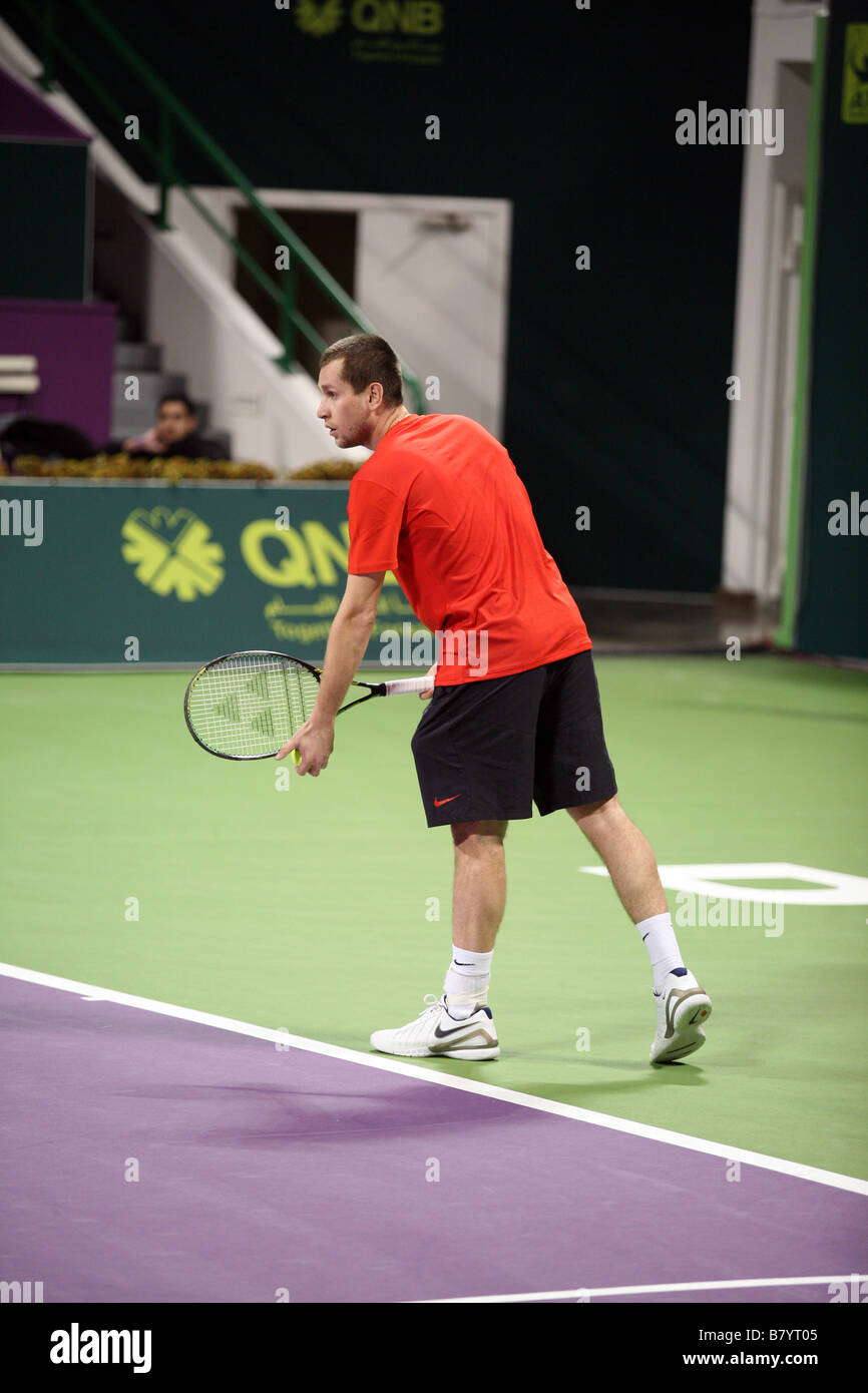 Karol Beck der Slowakei spielt Rafael Nadal bei den Qatar Open 7. Januar 2009 Stockfoto