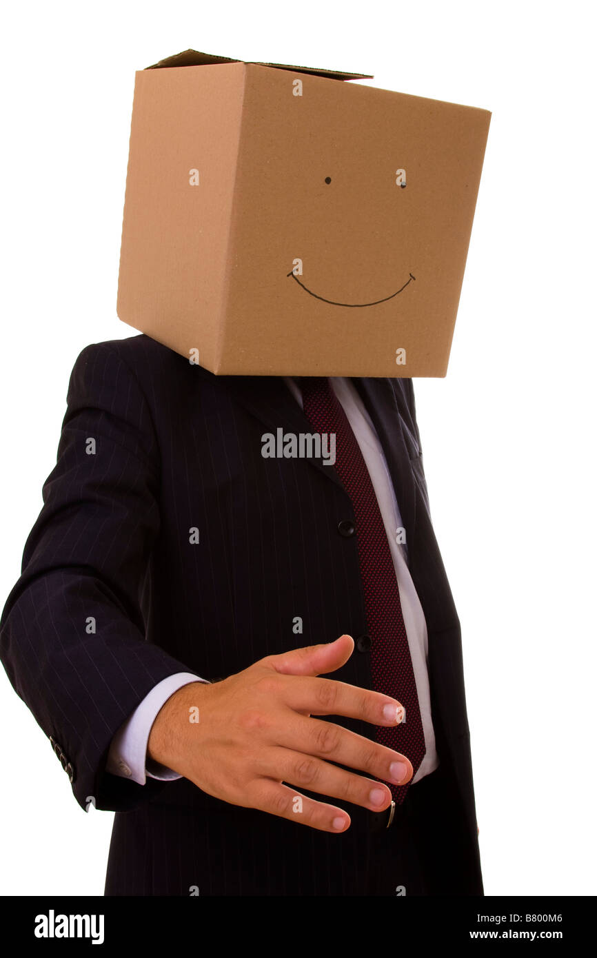 Cardboad Geschäftsmann mit einem Lächelngesicht geben Ihnen einen Händedruck Stockfoto
