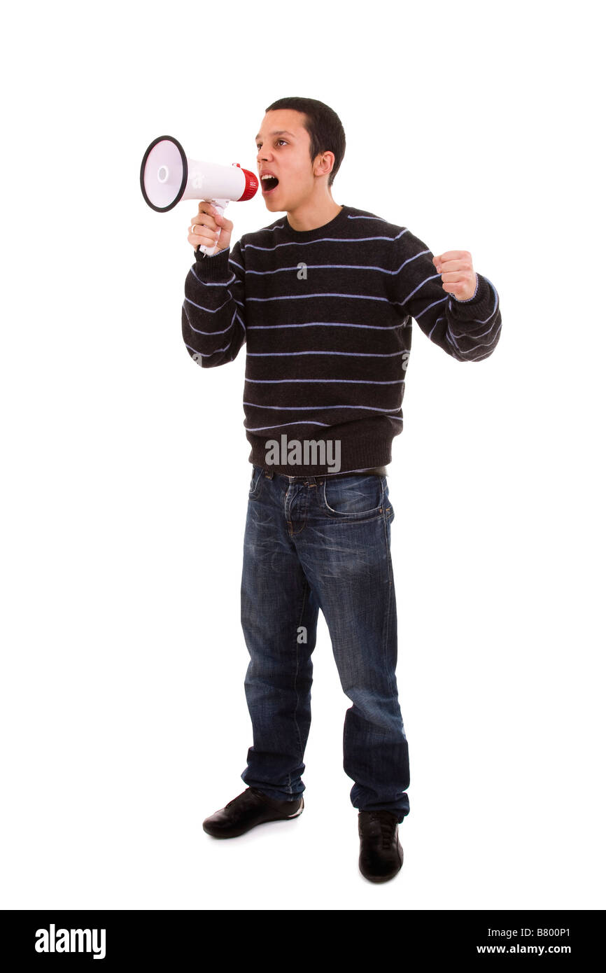 junge Männer schreien an das Megaphon selektiven Fokus Stockfoto