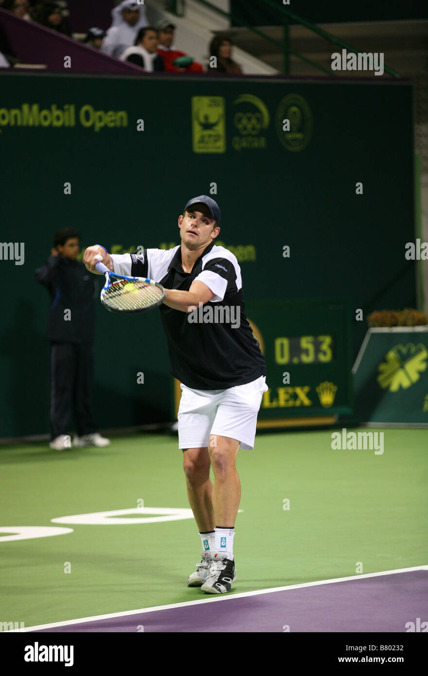 Amerikaner Andy Roddick in das Finale des Turniers Qatar ExxonMobil Open 2009 der Brite Andy Murray verlor Stockfoto