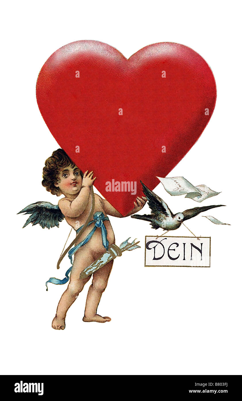 kleiner Amor mit großen roten Herz, Pfeil und Bogen, Taube und Brief Stockfoto