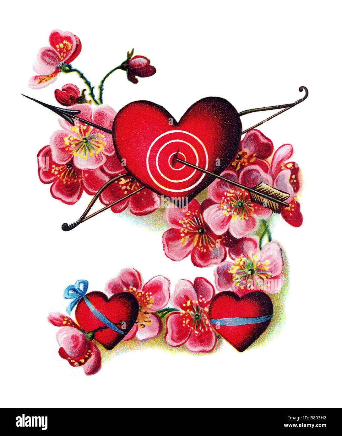 große rote Herz Girlande, Pfeil und Bogen und Rosen Stockfoto