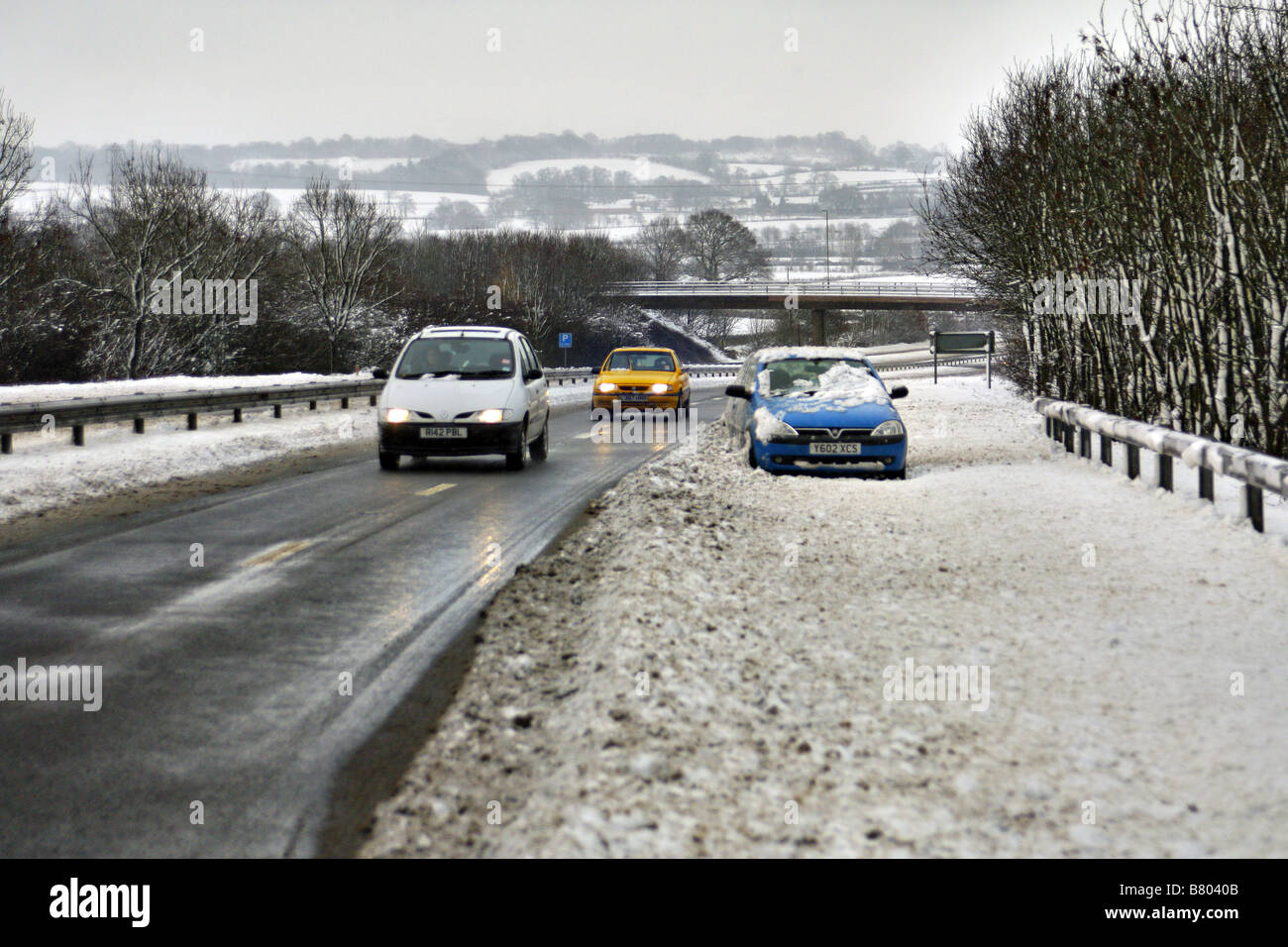 North DEvon Link Road in der Nähe von Tiverton Devon 20cm Schnee 6. Februar 2009 Stockfoto