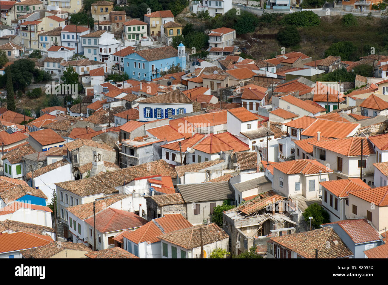 Die Häuser am Ano Vathy (Altstadt von Samos-Stadt) Stockfoto