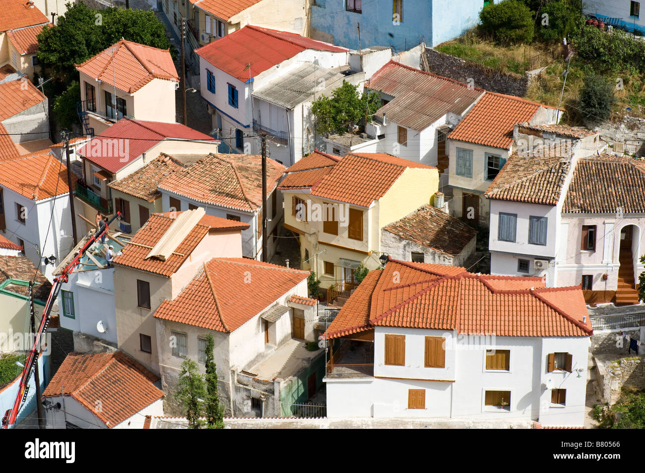 Die Häuser am Ano Vathy (Altstadt von Samos-Stadt) Stockfoto