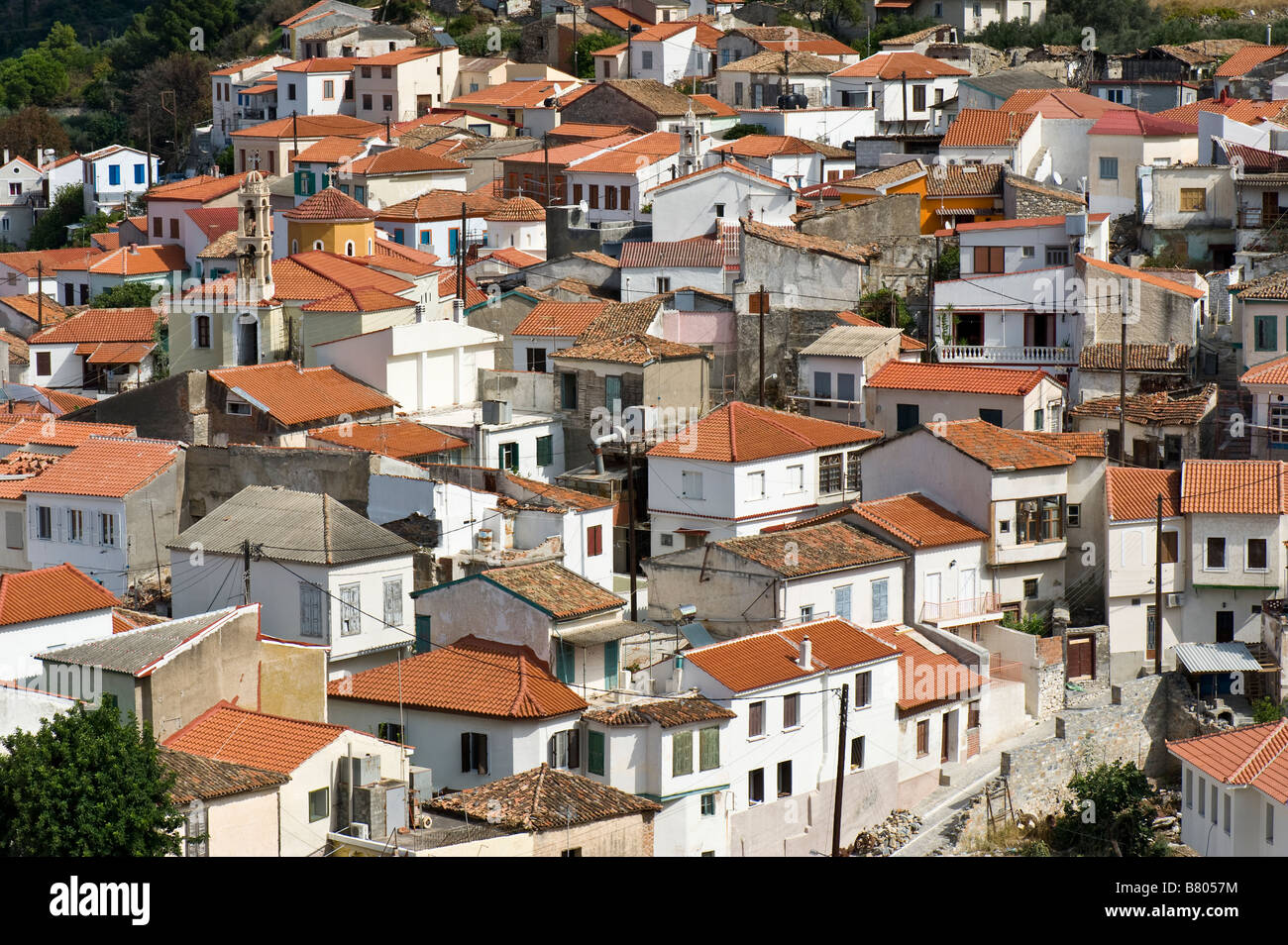 Die Häuser am Ano Vathy (Altstadt von Samos-Stadt) Stockfoto