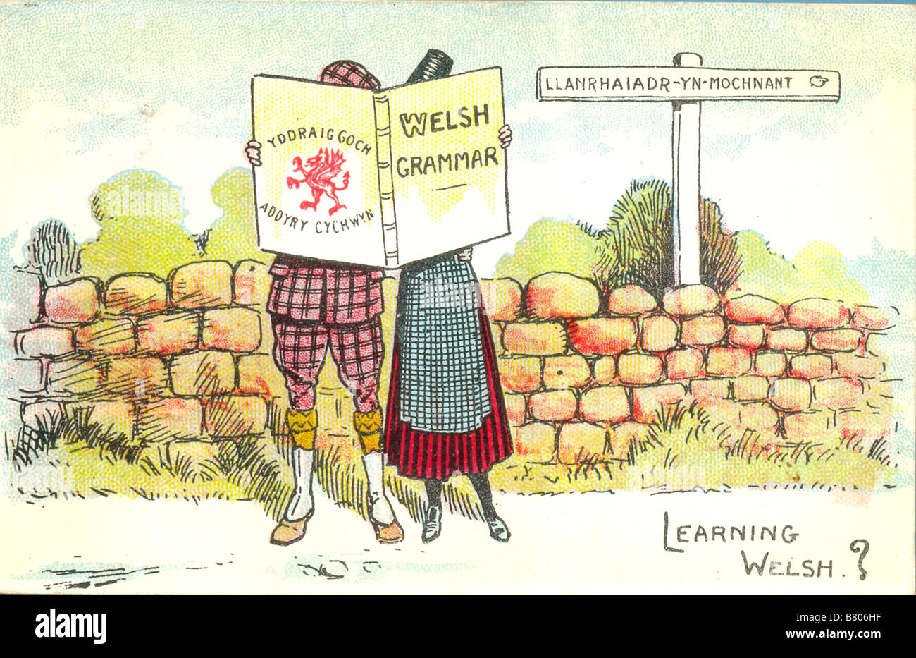 Comic-Bilderbuch mit dem Titel "Learning Welsh?" postalisch verwendet 14. Dezember 1905 Stockfoto