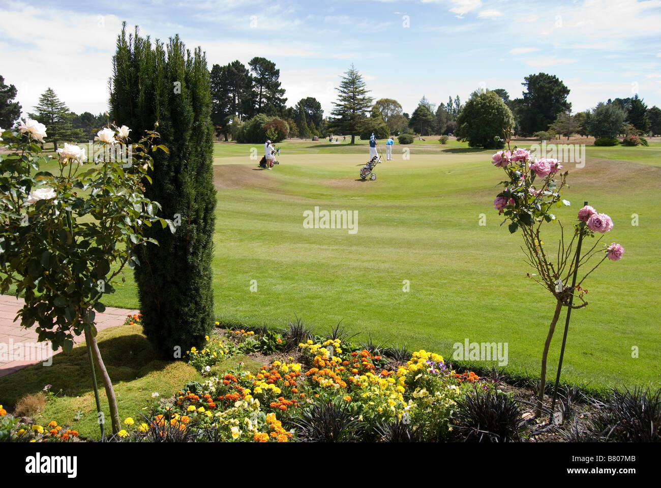 18. Grün, Russley Golfclub, Memorial Avenue, Russley, Christchurch, Canterbury, Neuseeland Stockfoto