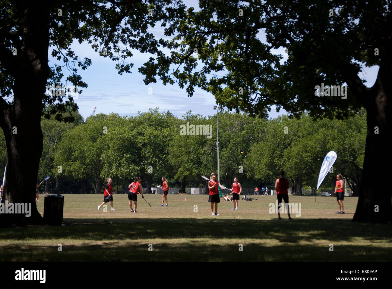 Mädchen spielen Lacrosse, Hagley Park, Christchurch, Canterbury, Neuseeland Stockfoto