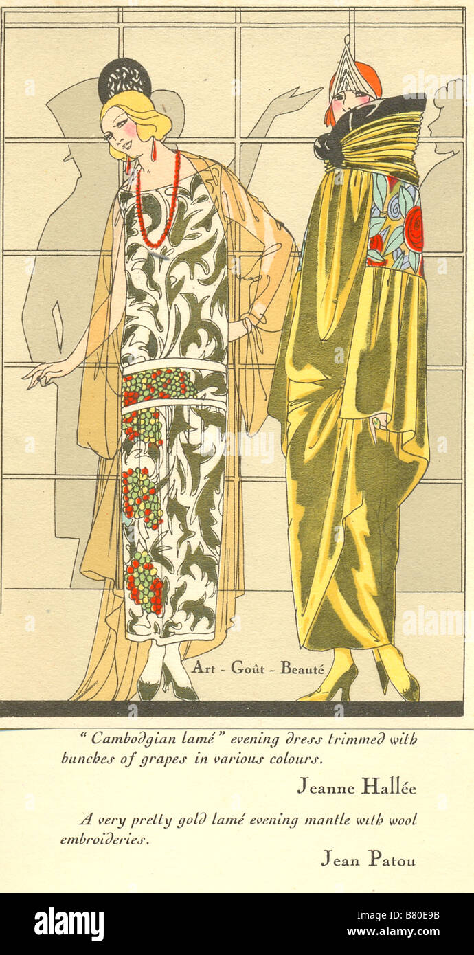 Handkoloriert französische Mode-Platte aus Kunst-Gicht-Beaute für April 1923 zeigt Couturier Kleider für den Abend Stockfoto
