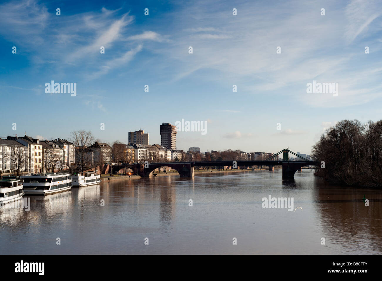 Frankfurter Skyline am Fluss verstümmeln. Deutschland. Stockfoto