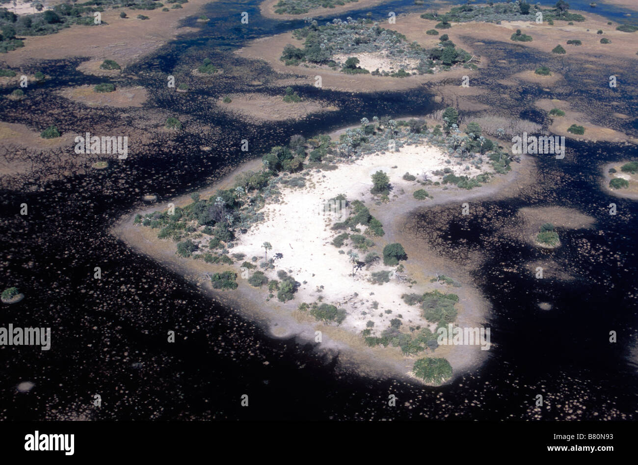 Luftbild der Inseln im Okavangodelta Stockfoto