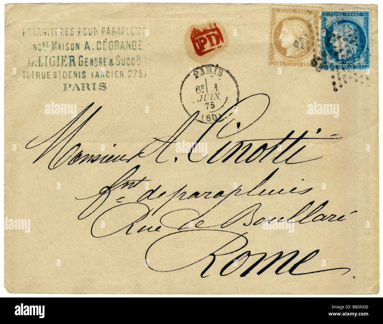 Umschlag mit französischen Briefmarken veröffentlicht 1875 von Paris nach Rom gefaltet. Stockfoto