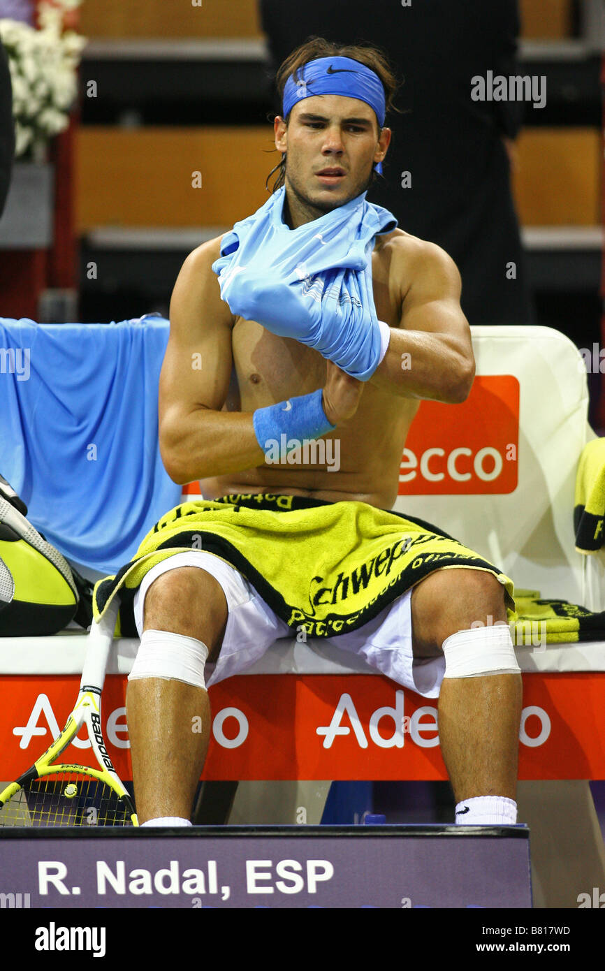 Rafael Nadal ändert sein Hemd in Madrid Master Serie 2008 Stockfoto